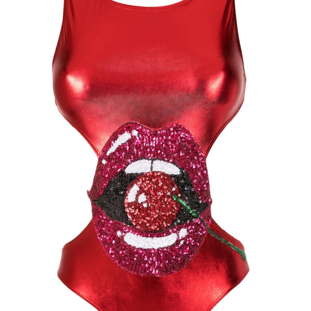 Vibrant Red Bodysuit with Sequin Lip Design